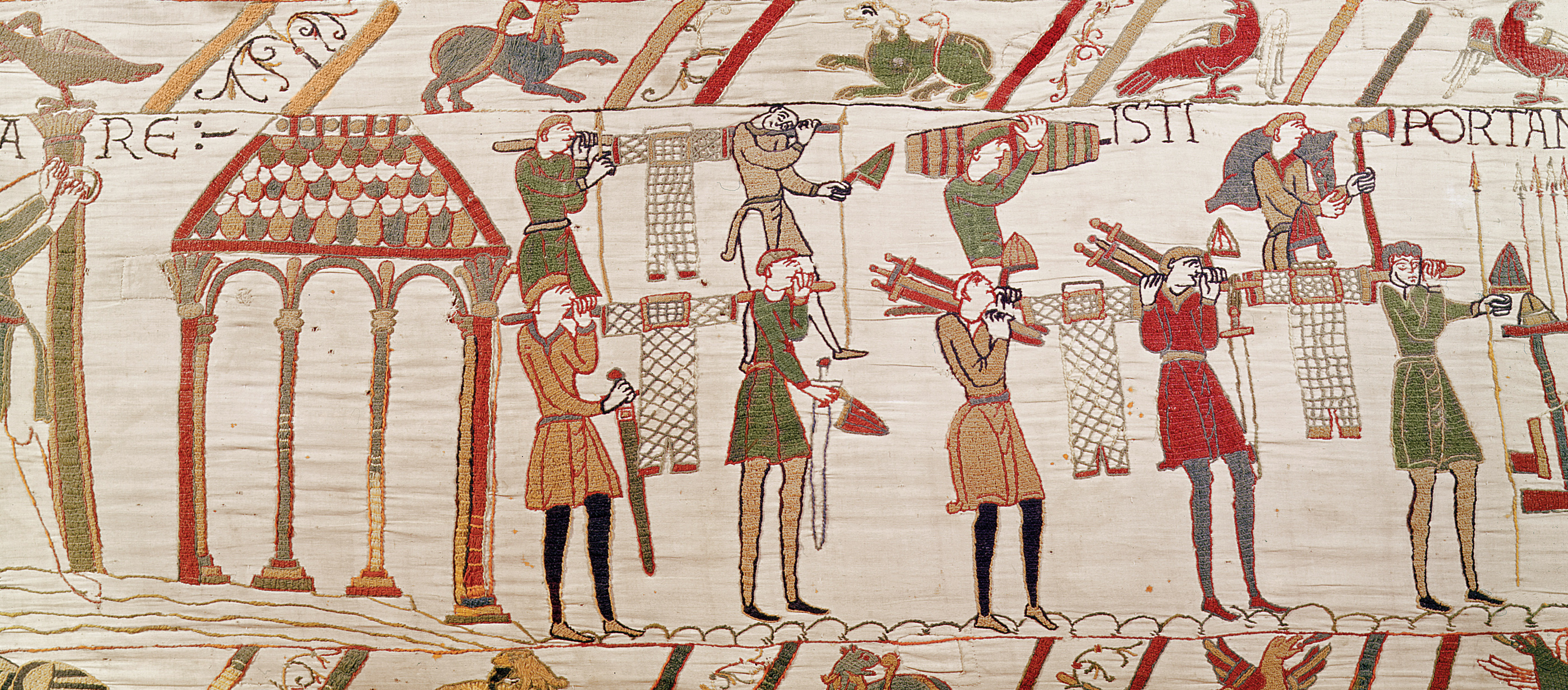 Normans load their boats before crossing the English Channel, 1066. Detail from the Bayeux tapestry, eleventh century. Musée de la Tapisserie de Bayeux, Normandy, France. 