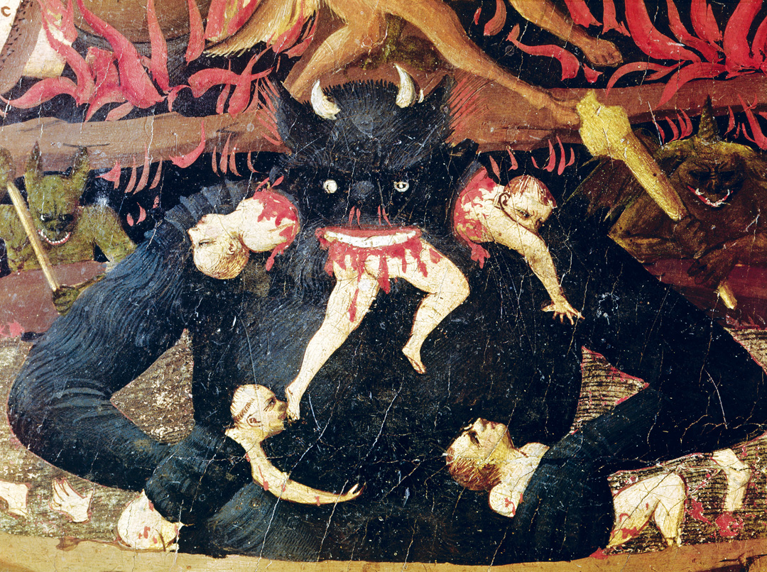 Satan devouring the damned, from Last Judgment (detail), by Fra Angelico, c. 1432–35. Museo di San Marco, Florence, Italy. 