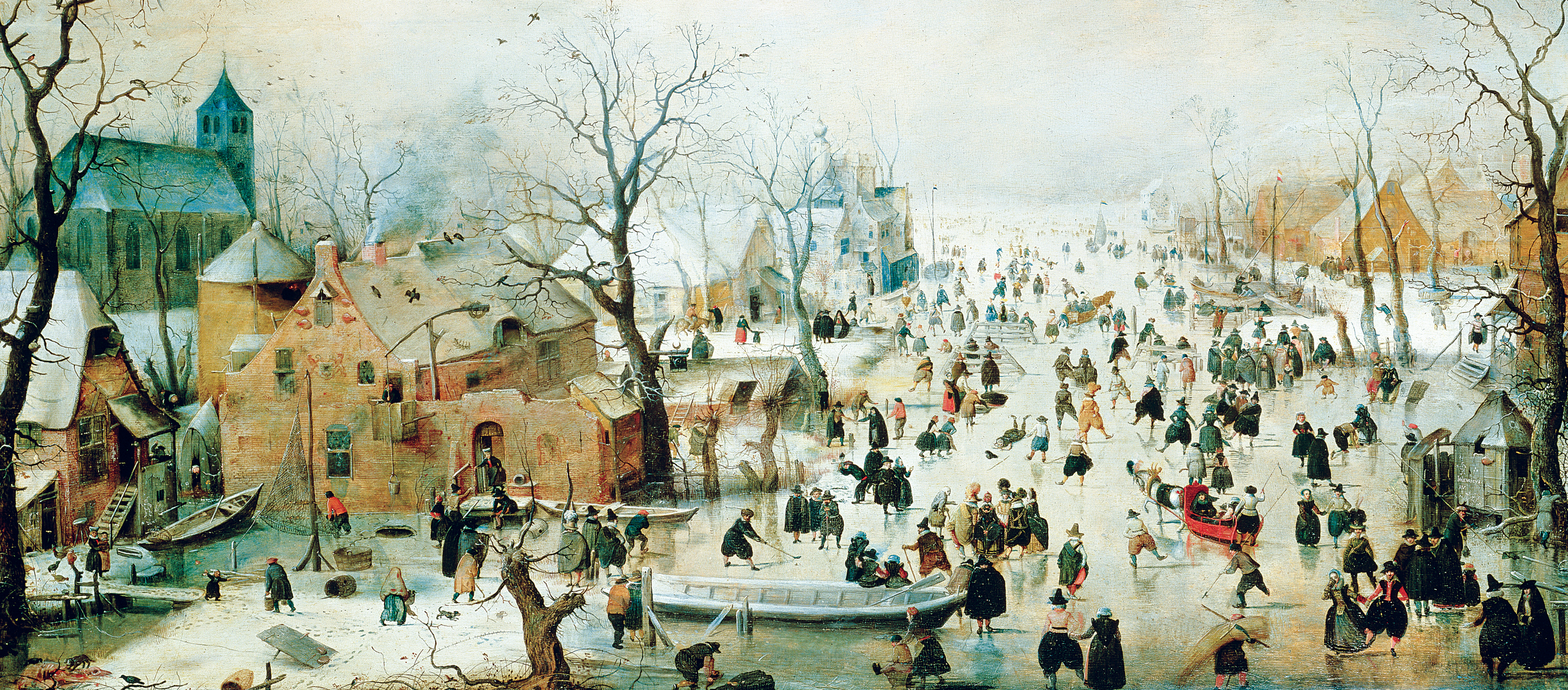 Winter Landscape with Ice Skaters, by Hendrick Avercamp, c. 1608. Rijksmuseum, Amsterdam, Netherlands. 