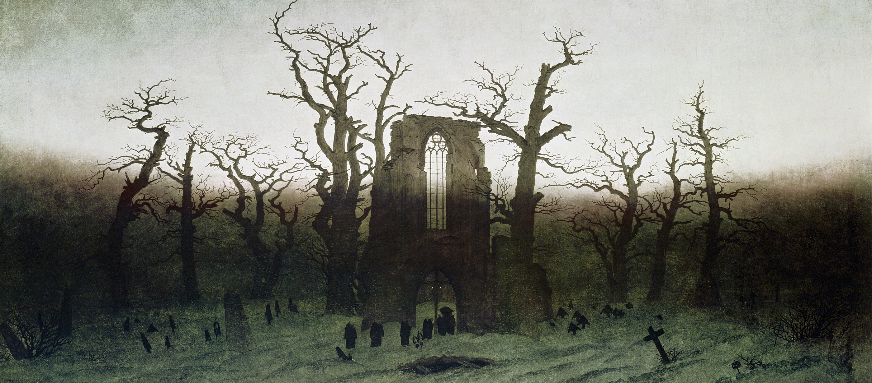 Painting of a ruined abbey in an oak forest.