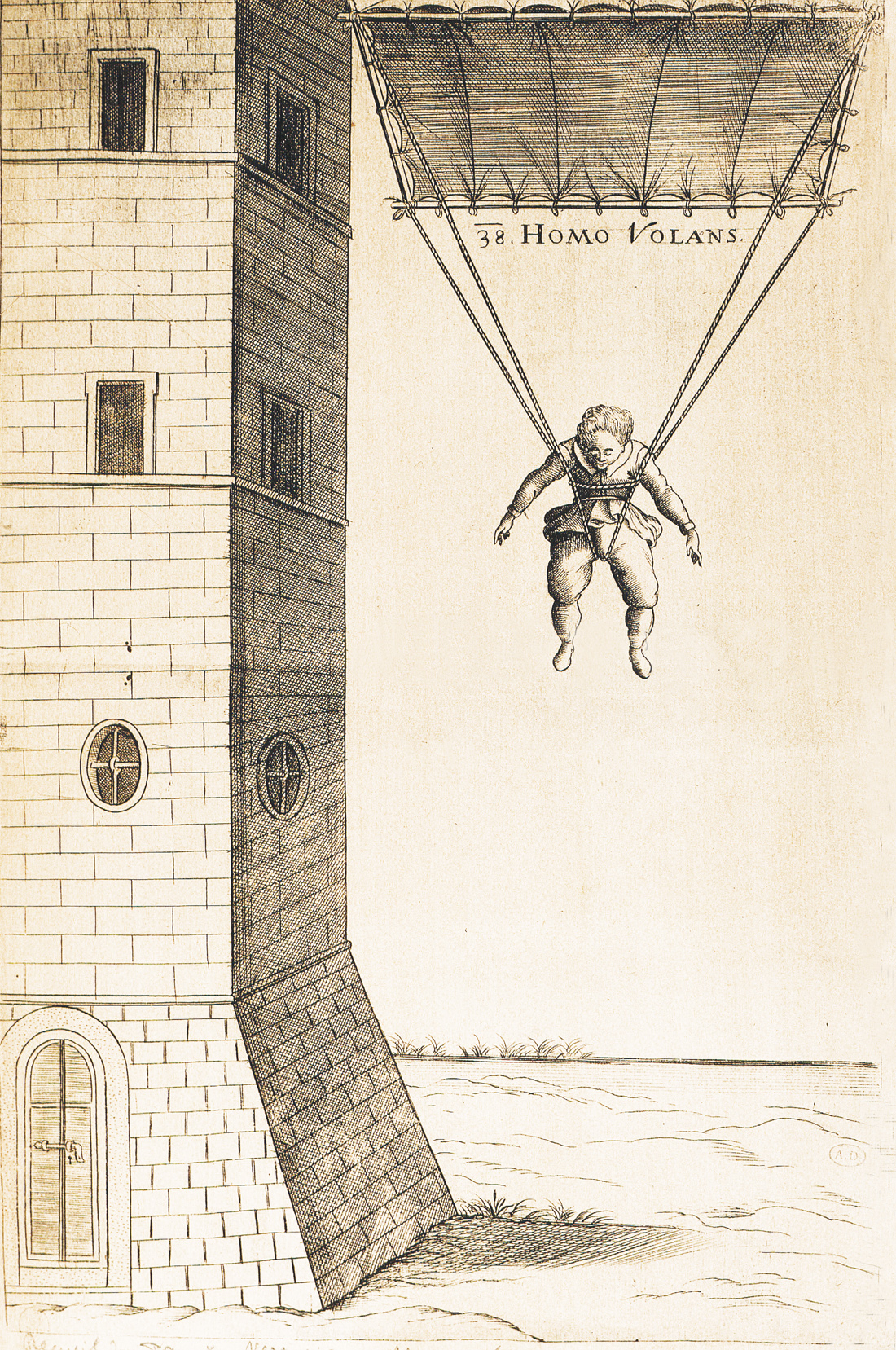 Engraving of Croatian mathematician Faust Vrančić jumping from a tower with a parachute, Italy, 1617.