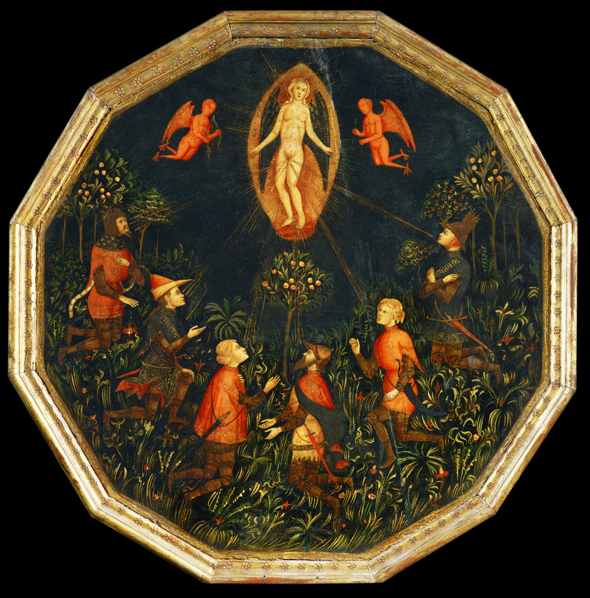 Birth tray depicting Venus being worshipped by Achilles, Tristan, Lancelot, Samson, Paris, and Troillus. Attributed to Master of Charles of Durazzo, c. 1400. Louvre Museum, Paris. 