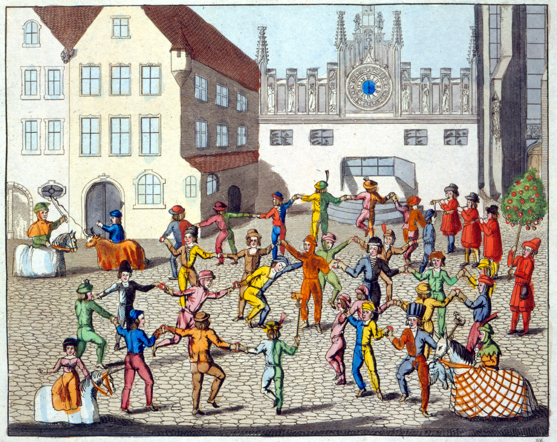 Festivities in the city square, illustration from Old Nuremberg’s Customs and Practices in Games and Songs, 1831. © The Stapleton Collection/The Bridgeman Art Library International.