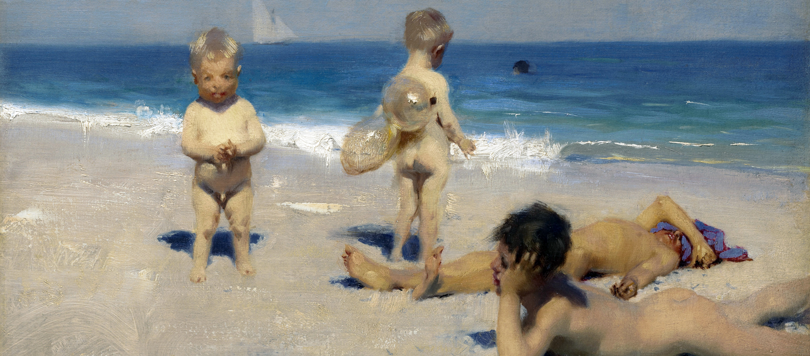"Neapolitan Children Bathing" John Singer Sargent painting of small Italian boys on a beach.