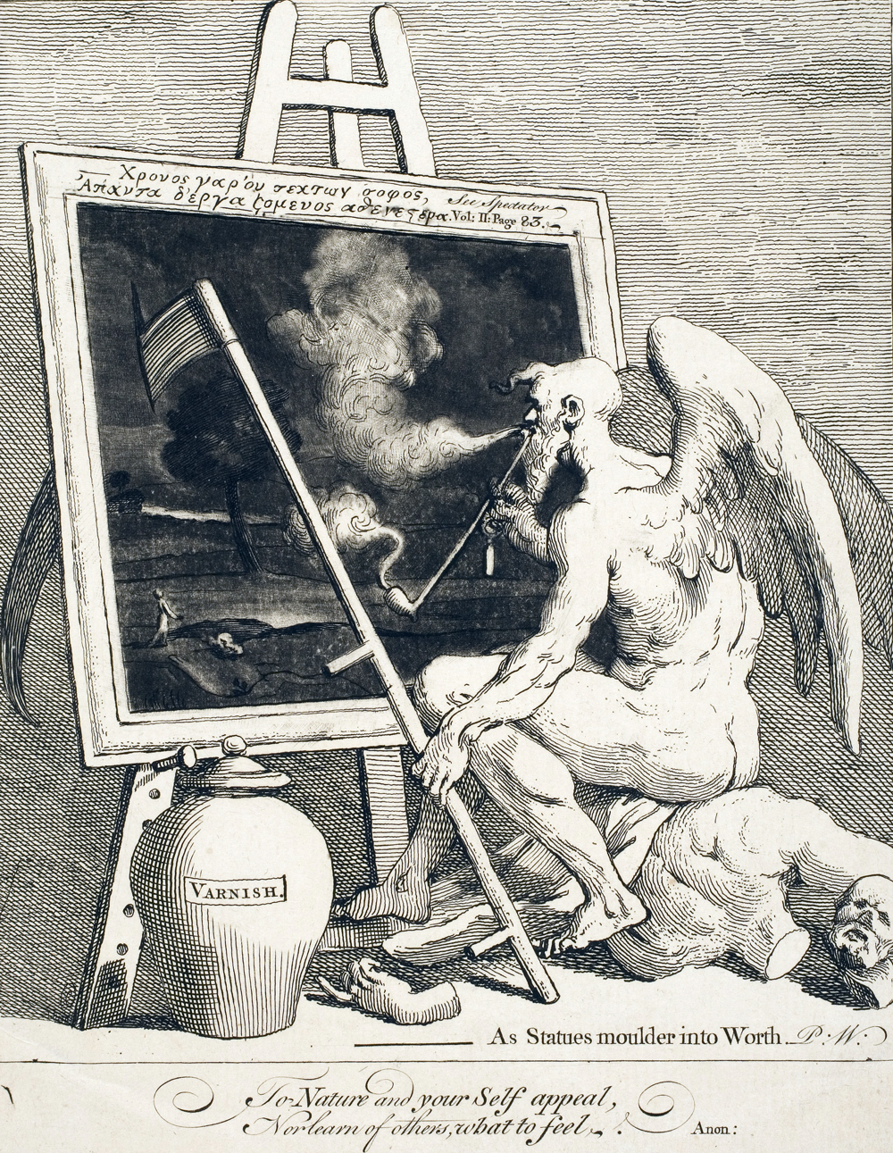 Engraving of Father Time smoking in front of a painting.