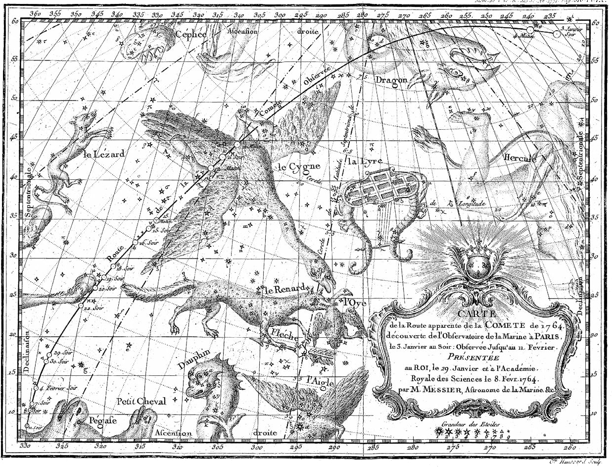 Star chart with the route of the 1764 comet, by Charles Messier, 1764.