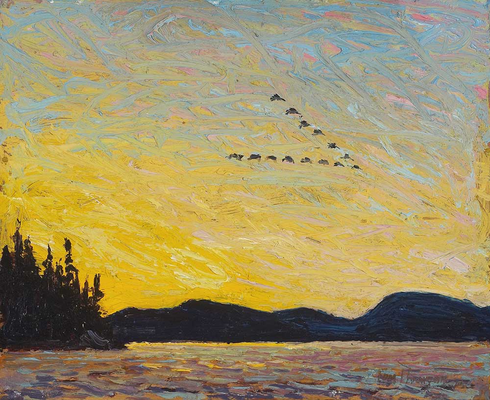 Birds flying in a v against a yellow and blue sky above water, trees, and hills