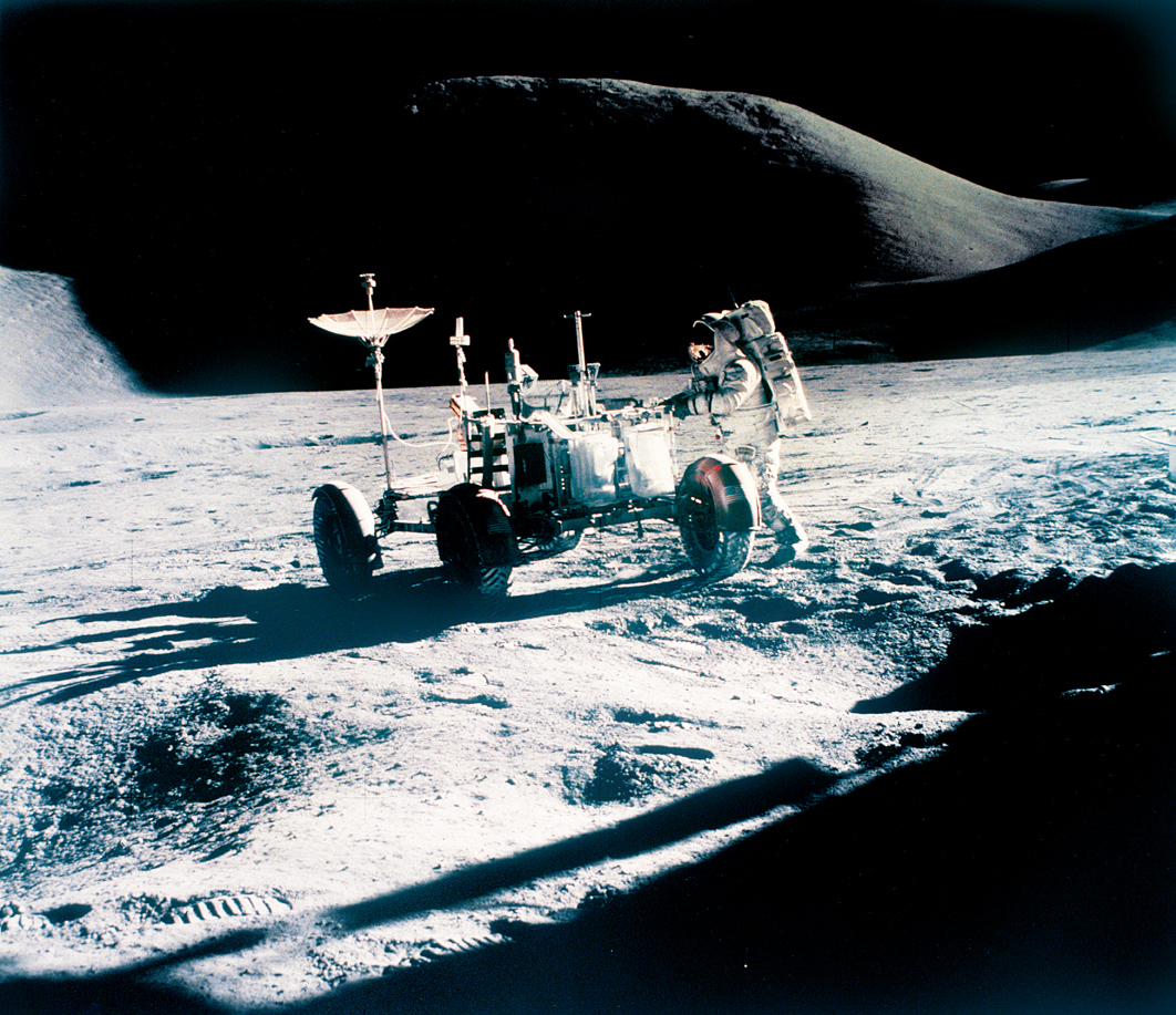 Apollo 15 astronaut James Irwin with a Lunar Roving Vehicle, 1971. Photograph by Dave Scott. Johnson Space Center, United States National Aeronautics and Space Administration, Houston.