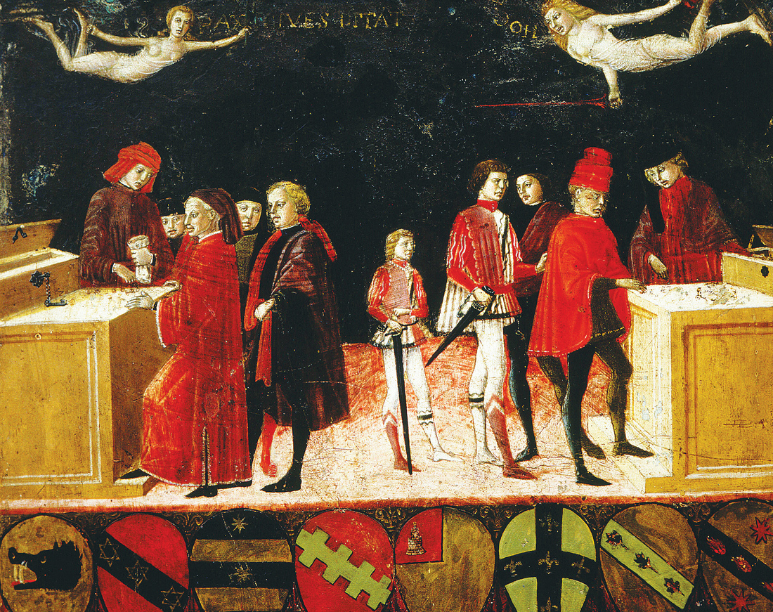 Allegory on Tax Office in Siena in Time of Peace and War, by Benvenuto di Giovanni, 1468. State Archives of Siena, Museum of the Biccherna Tablets, Siena, Italy.