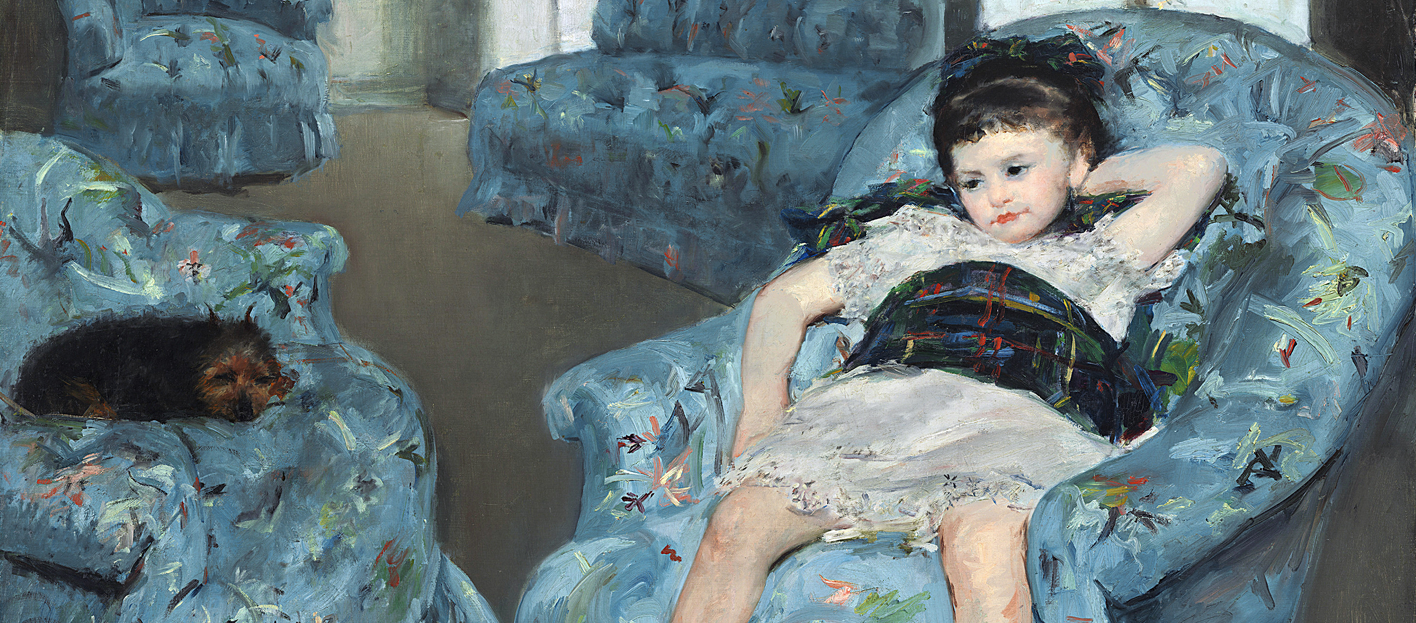 "Little Girl in a Blue Armchair" Mary Cassat painting of a little girl wearing a blue dress slumped in a blue armchair.