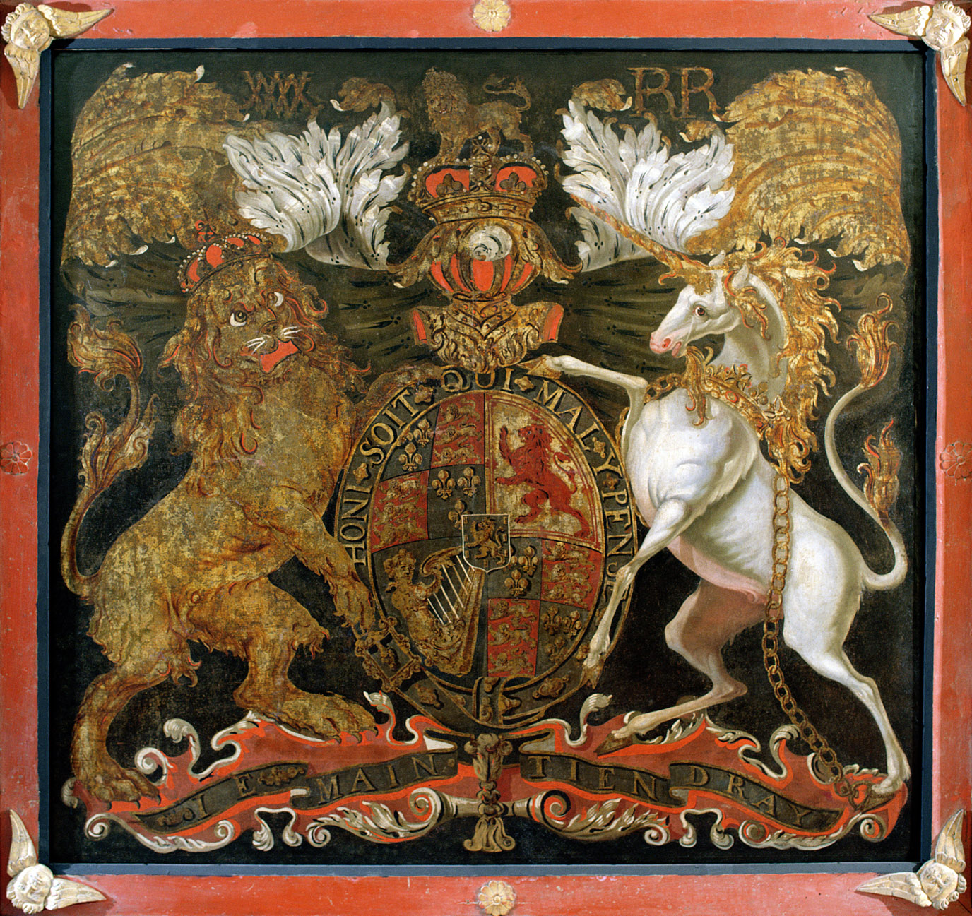Royal coat of arms of King William III and Queen Mary II of England, c. 1690.