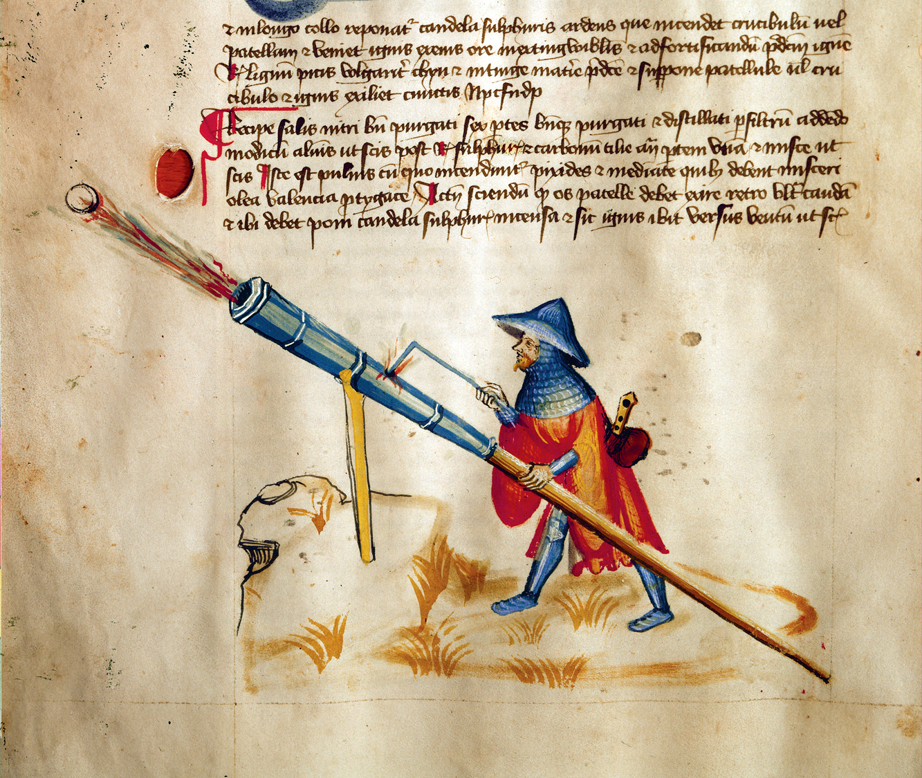 A soldier fires a blunderbuss, illustration from the Bellifortis manuscript, c. 1400. Göttingen State and University Library, Göttingen, Germany. 