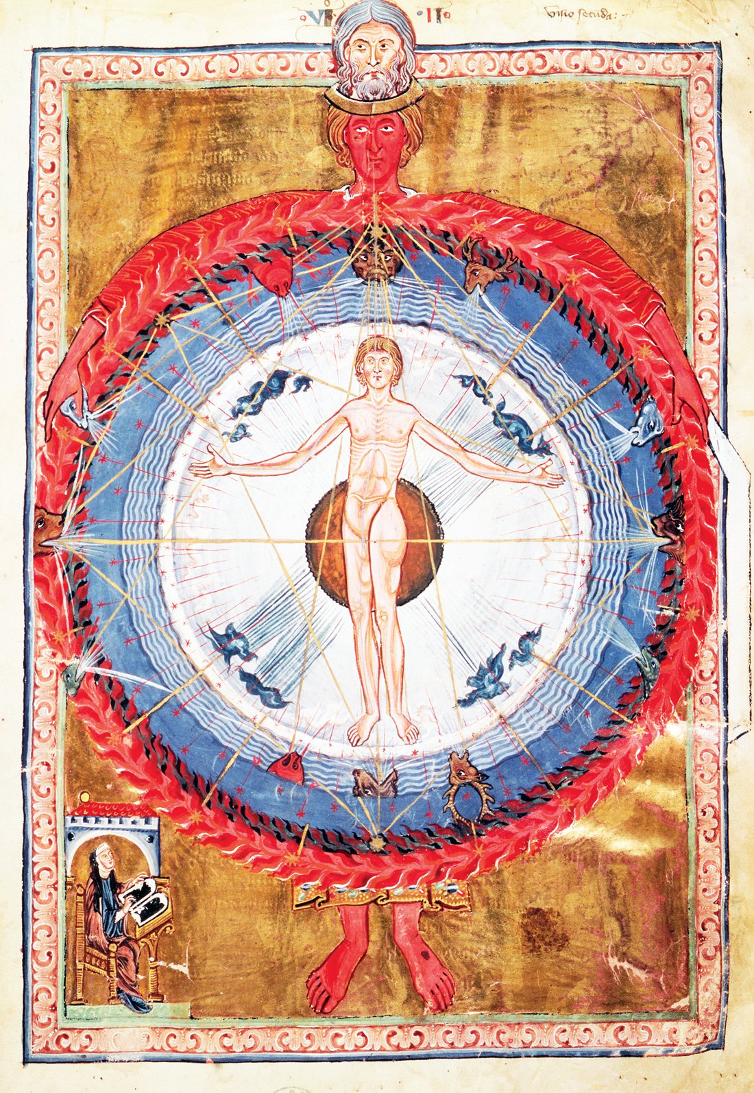 Man as the center of the universe, illustration from De Operatione Dei, by Saint Hildegard of Bingen, c. 1200. Biblioteca Statale, Lucca, Italy.