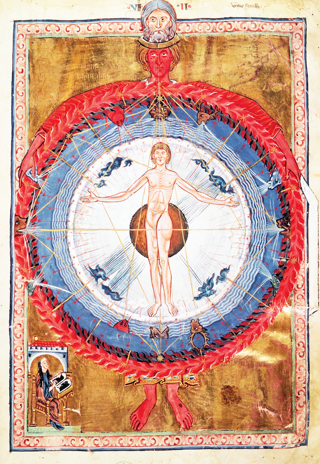 Man as the center of the universe, illustration from De Operatione Dei, by Saint Hildegard of Bingen, c. 1200. Biblioteca Statale, Lucca, Italy. 