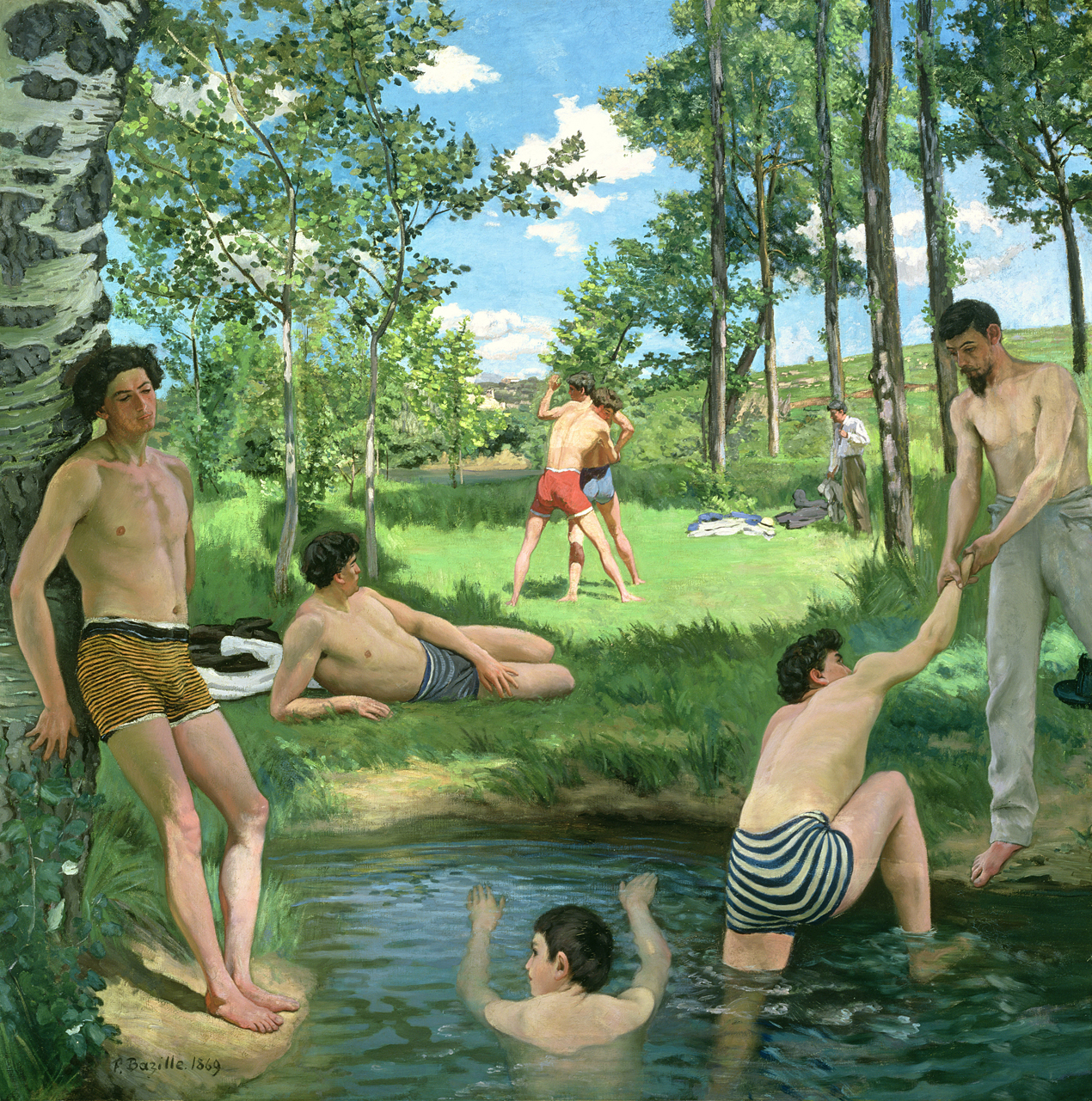 Nineteenth-century painting of young men at a watering hole. 