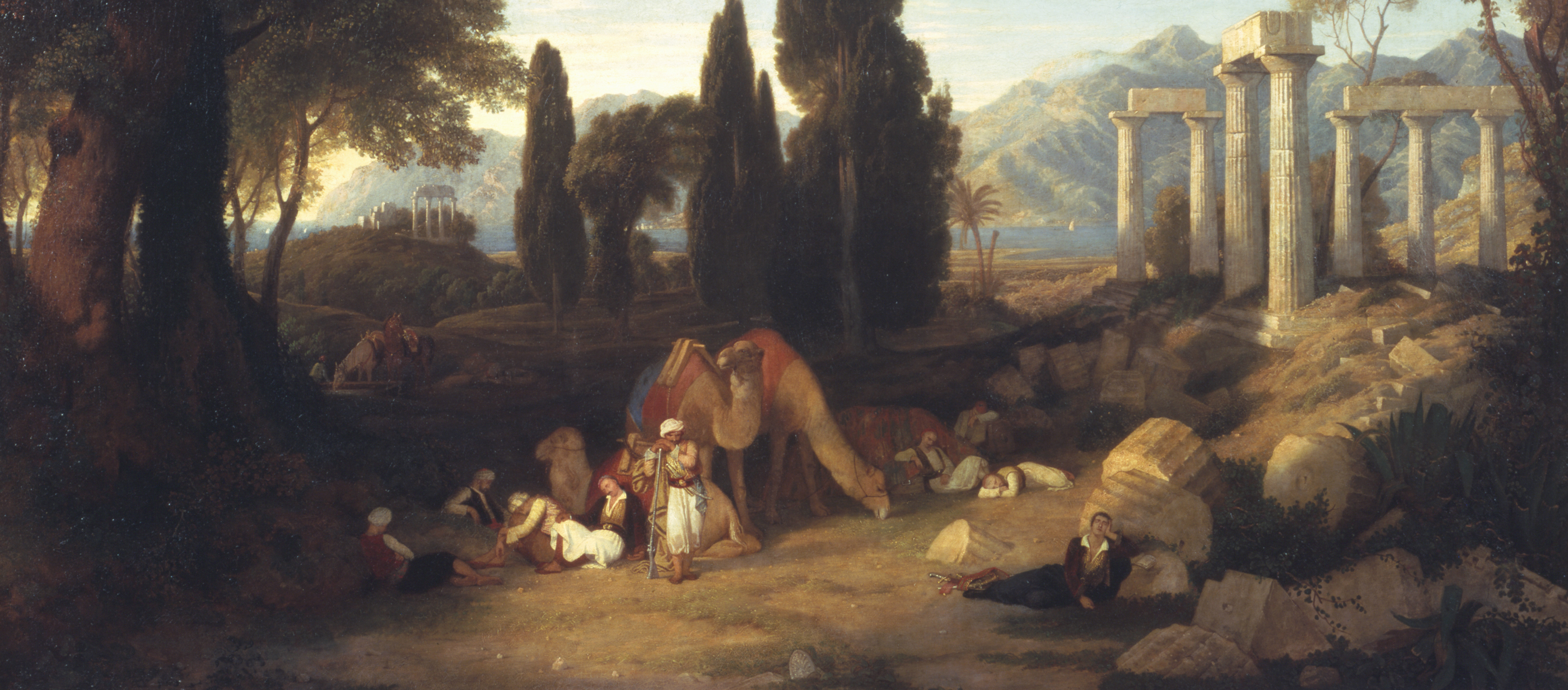 "Lord Byron’s Dream," by Charles Lock Eastlake Painting of Lord Byron dreaming next to classical ruins.
