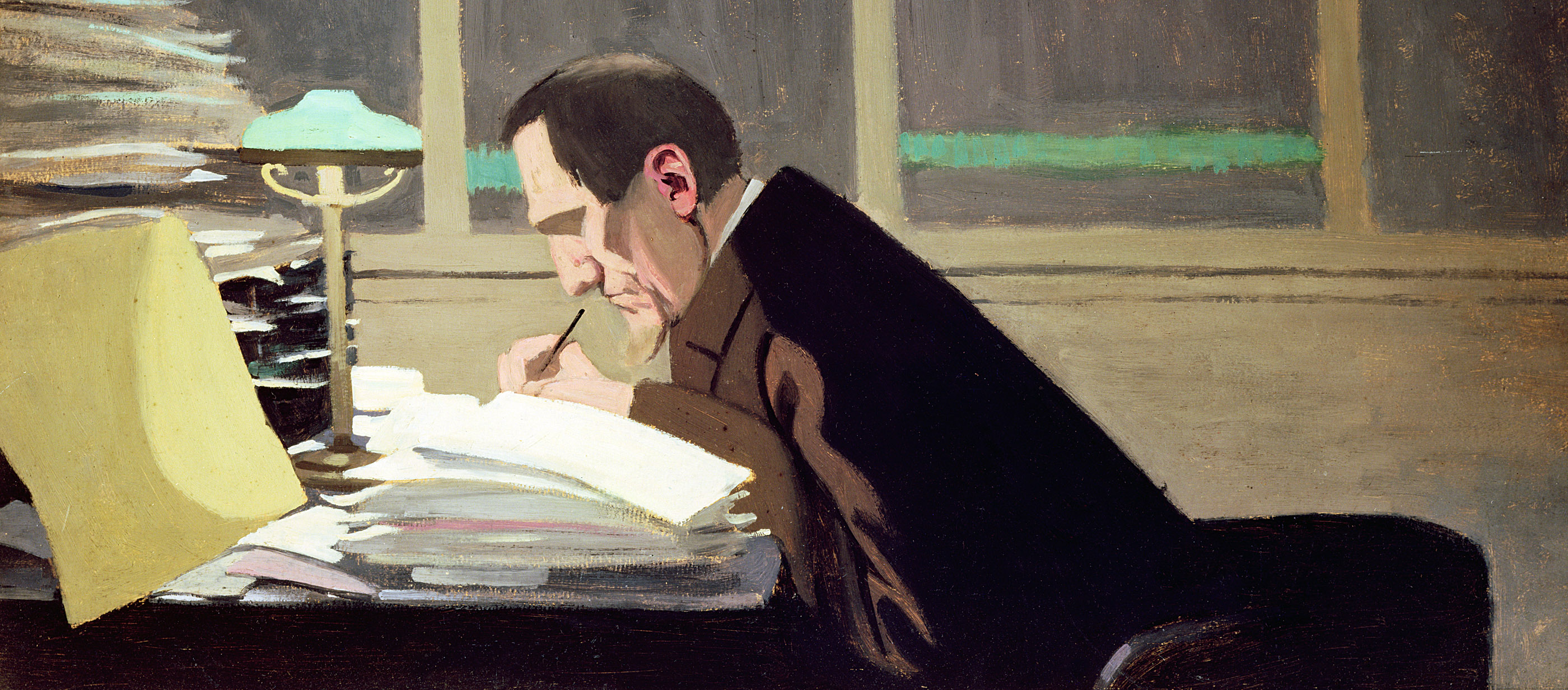 Félix Fénéon working at the French literary journal La Revue Blanche, by Félix Vallotton, 1896. 