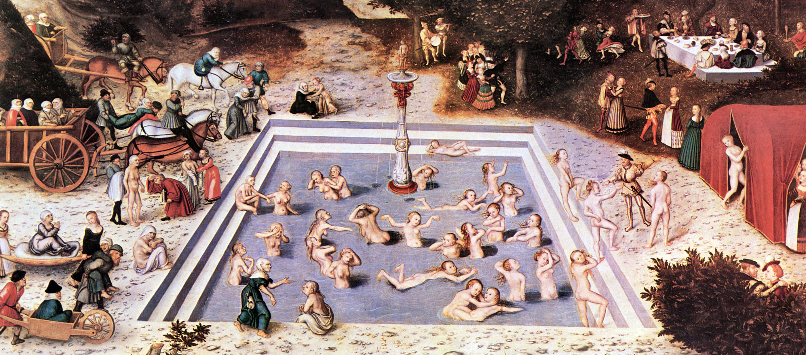 Lucas Cranach painting showing people frolicking in the fountain of youth. 