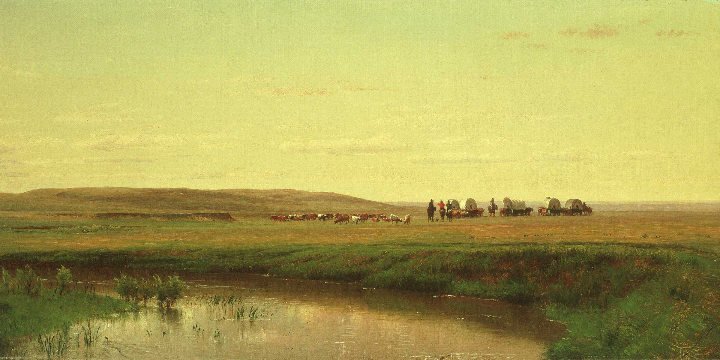 Painting of a riverbank in front of four wagons followed by animals on an open plain
