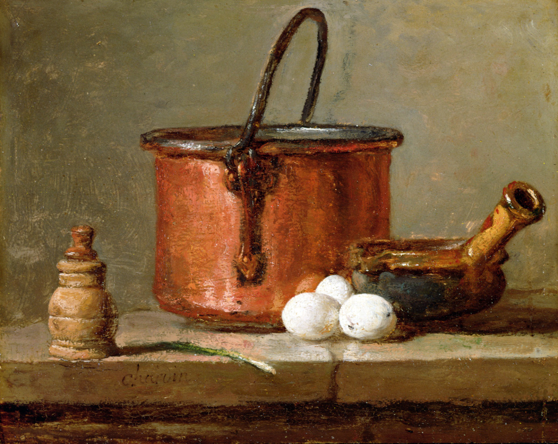 Still Life with Tinned Copper Pot, Pepper Box, Leek, Three Eggs, and a Casserole, by Jean-Siméon Chardin, c. 1732. Detroit Institute of the Arts, Michigan.