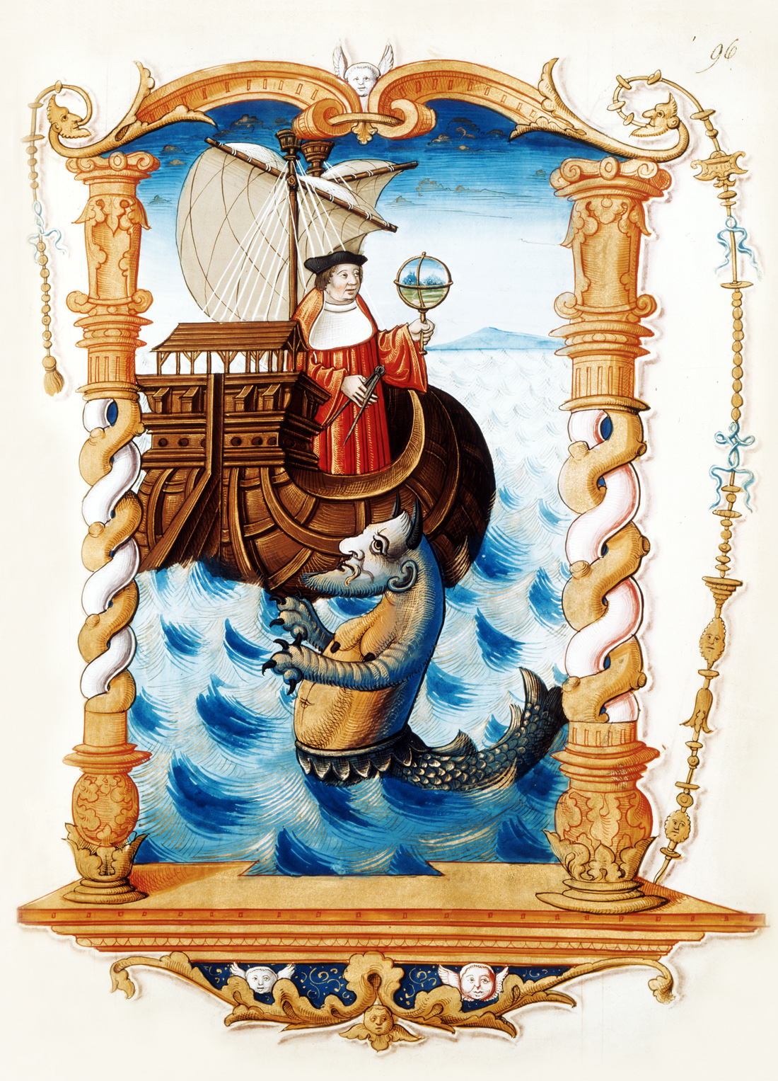 Astronomer on a ship with globe and compass, from Chants Royaux sur la conception couronnée du Puy de Rouen, c. 1525. National Library of France, Manuscripts Department, Ms. 1537, f. 96.