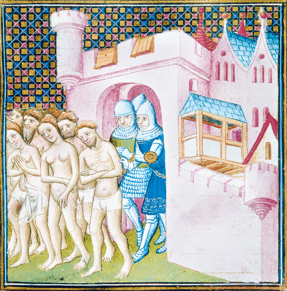 Expulsion of Albigensian heretics from Carcassonne in 1209 during the Albigensian Crusade, from Les Grandes chroniques de France, c. 1350. British Library, London. 