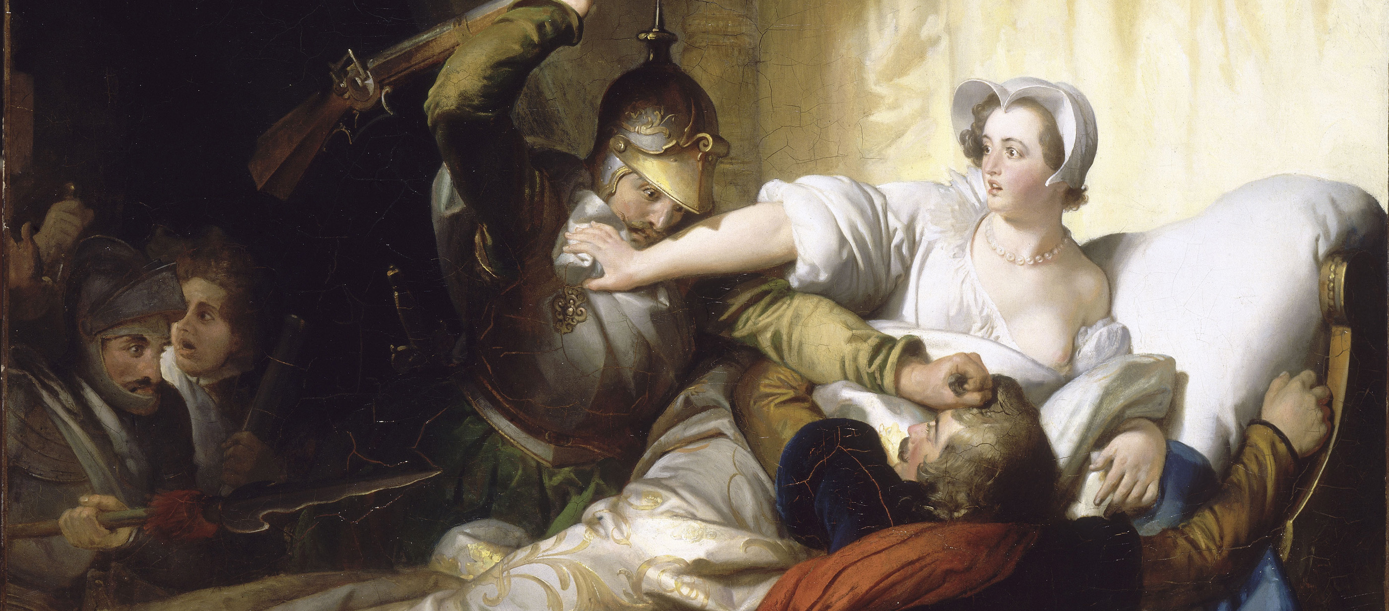 Scene of the Massacre of St. Bartholomew Margaret of Valois, the future queen of France, attempting to protect her husband, Henry of Navarre.