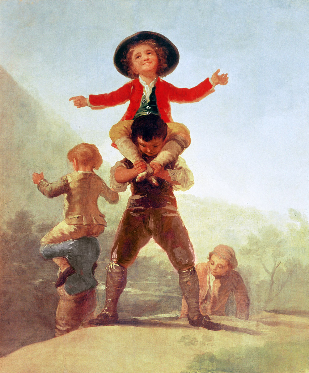 Goya painting showing one child riding on another's shoulders.