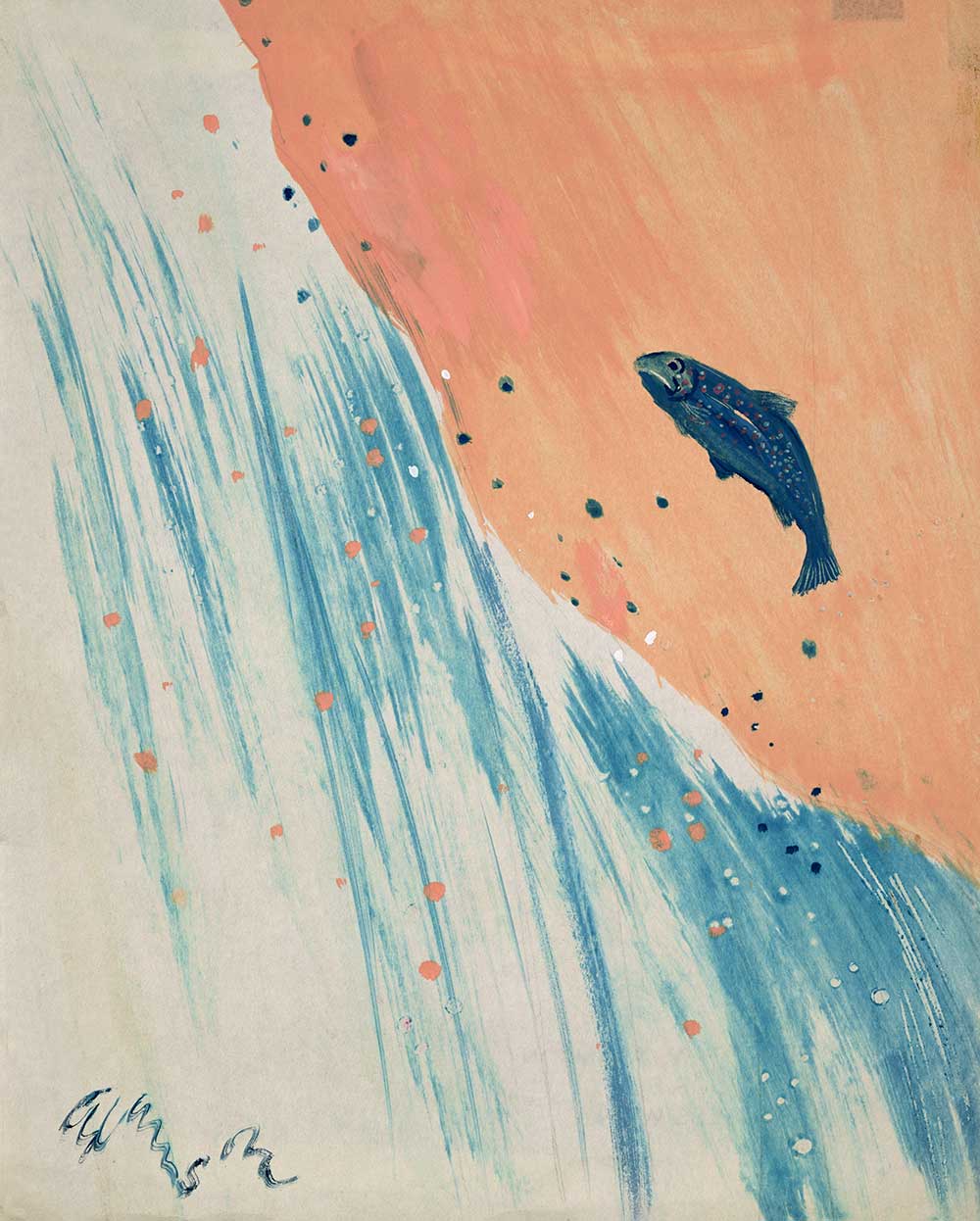 Painting of a fish leaping against a coral background with white water with blue streaks on the left