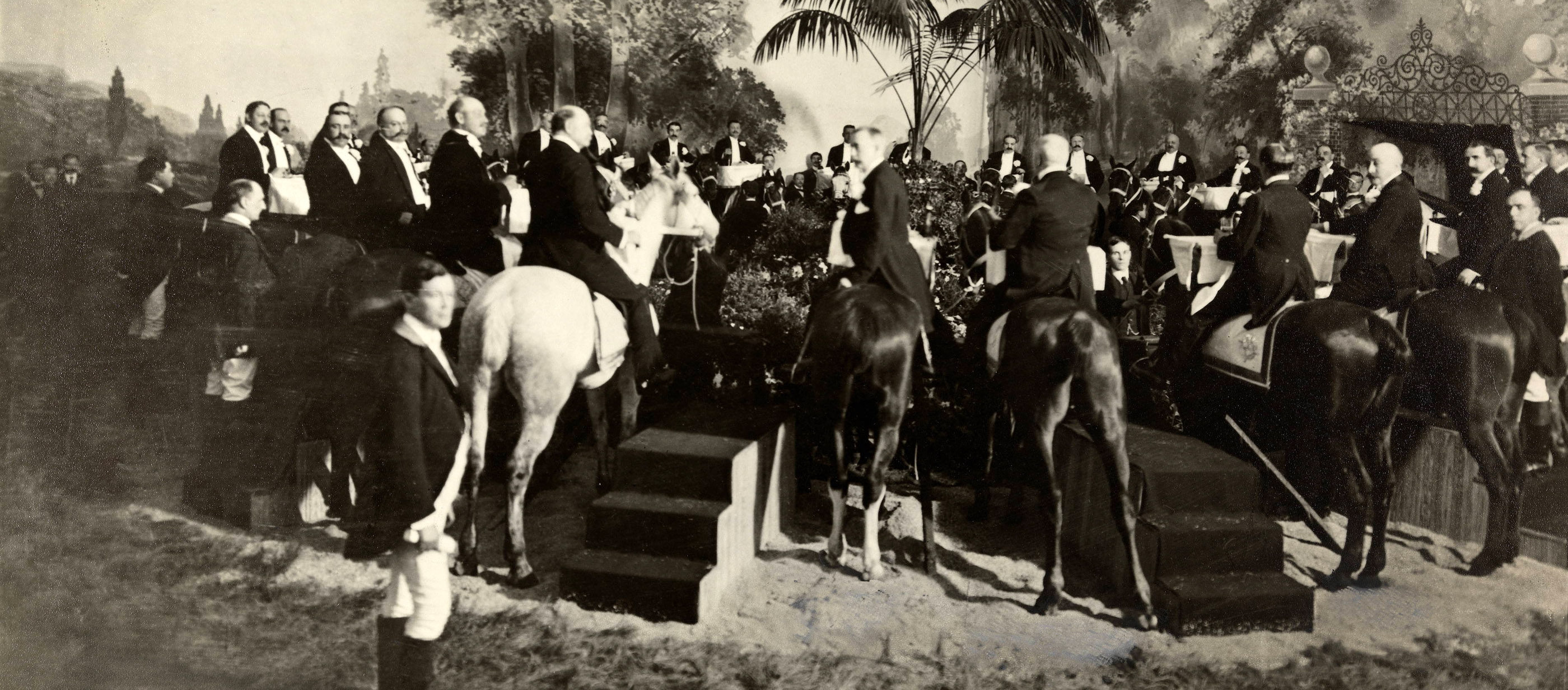 Dinner on horseback, hosted by industrialist C. K. G. Billings at the restaurant Sherry’s, New York City, 1903. Each saddle was fitted with a tray and champagne bucket. The feast cost about $50,000.