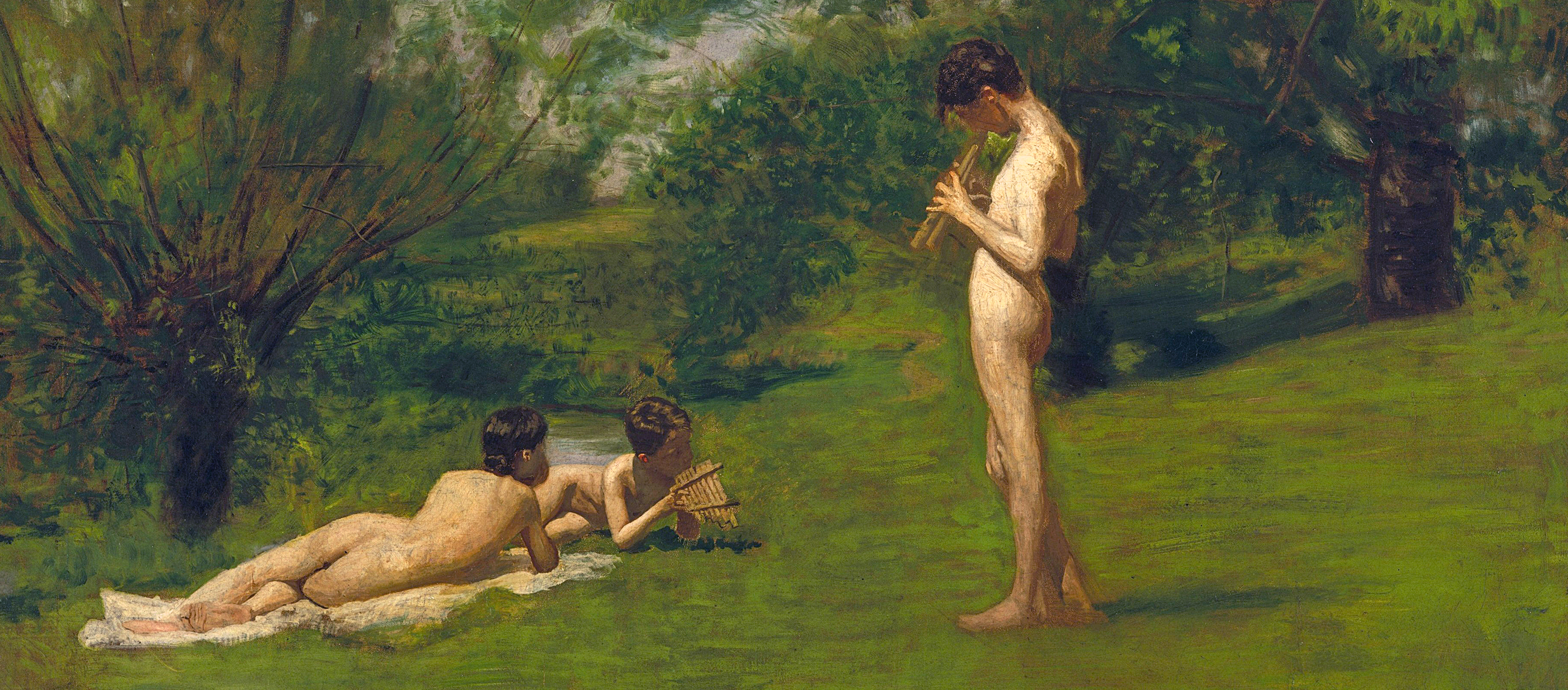 Painting showing two nude young boys relaxing in a field.