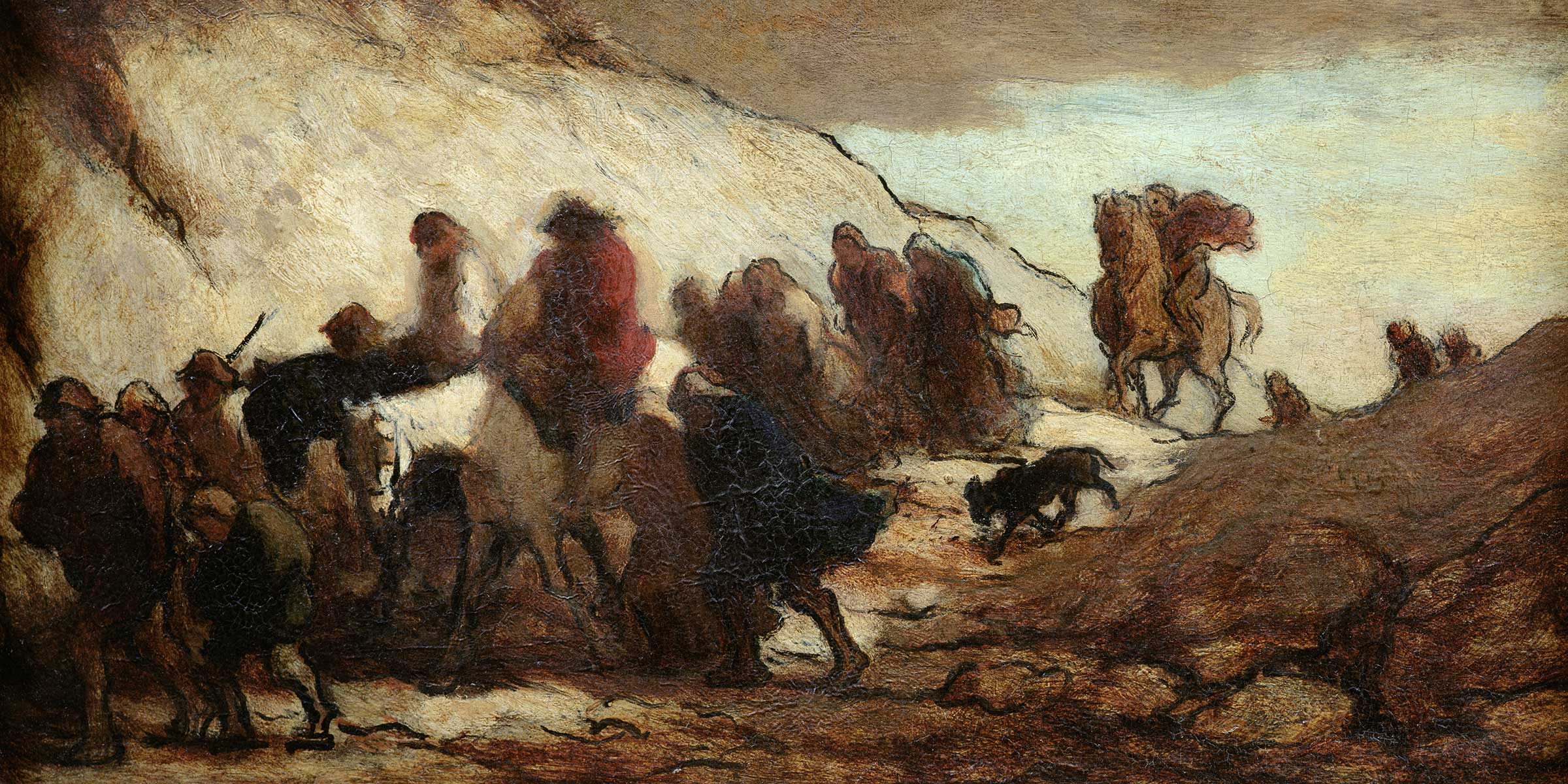 Painting of a group of people with heads bowed walking and riding through a rocky pass