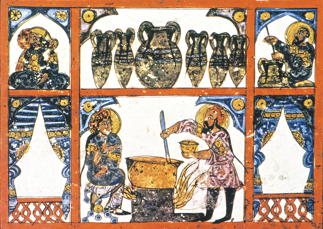 Preparation of medicine from honey, from an Iraqi manuscript of Dioscorides’ De Materia Medica, 1224. The Metropolitan Museum of Art, New York, Bequest of Cora Timken Burnett, 1956. 