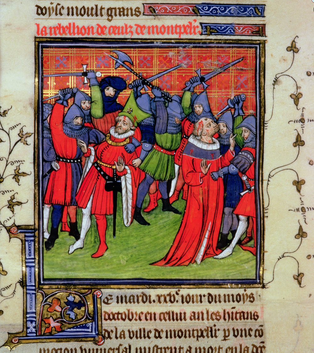 Peasant revolt in 1379 at Montepellier Illuminated manuscript showing a peasant revolt in France.