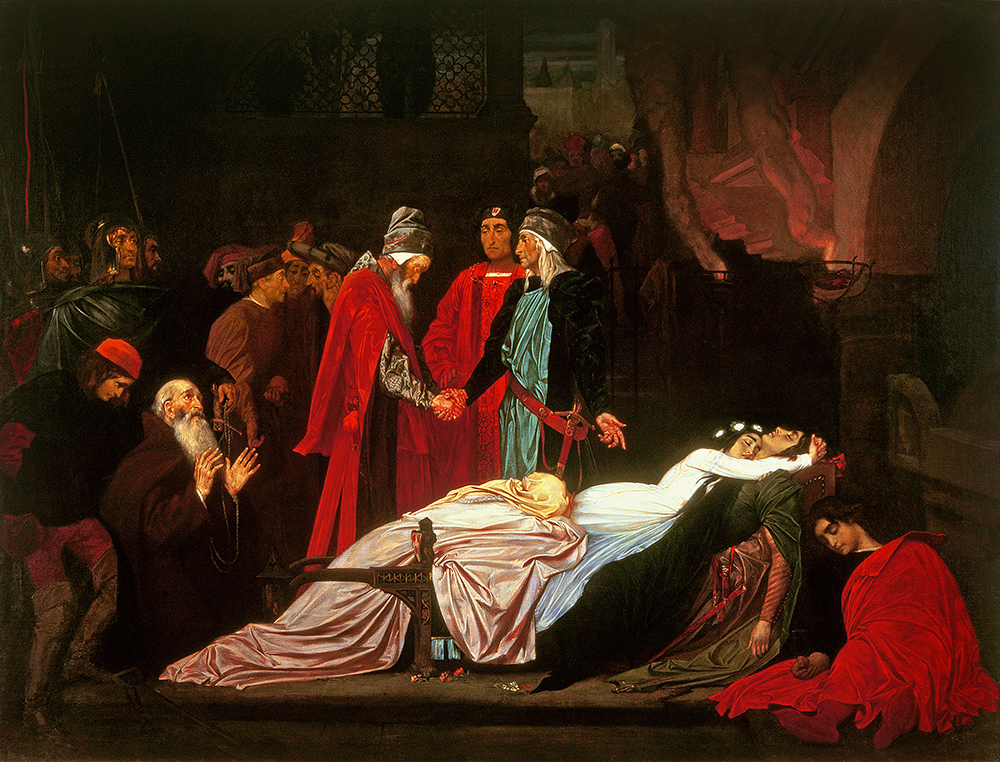 The Reconciliation of the Montagues and the Capulets over the Dead Bodies of Romeo and Juliet, by Frederic Leighton, c. 1855. © Christie’s Images / Bridgeman Images. The Reconciliation of the Montagues and the Capulets over the Dead Bodies of Romeo and Juliet, by Frederic Leighton, c. 1855. © Christie’s Images / Bridgeman Images.