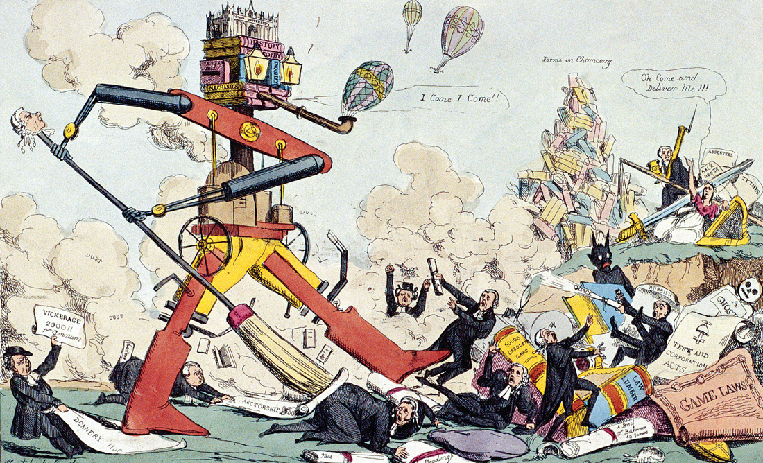 The March of Intellect, a juggernaut figure with London University on its head, sweeping away and kicking lawyers, vicars, and quack doctors, by Robert Seymour, c. 1828. © Guildhall Art Gallery/HIP/Art Resource, NY.