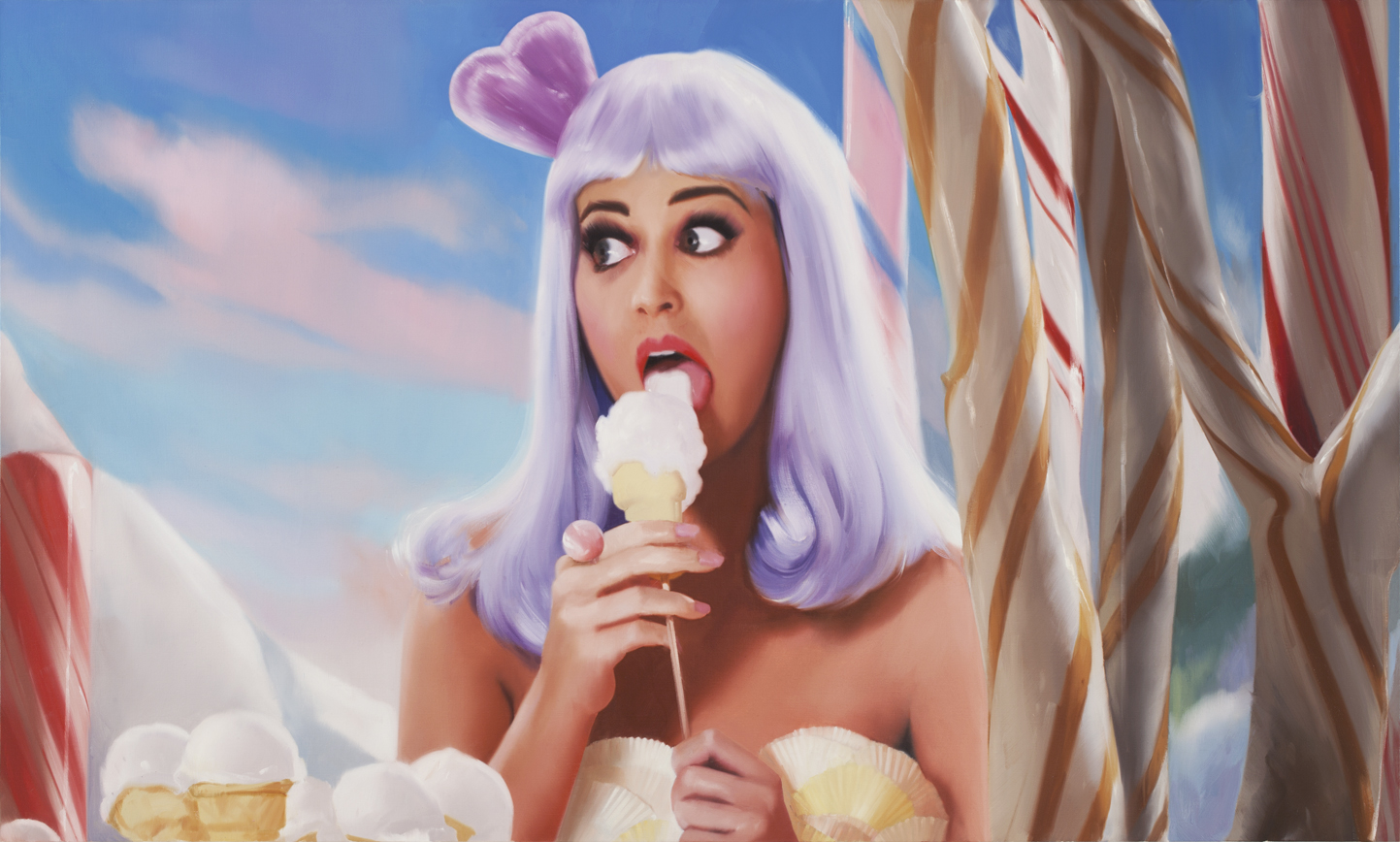 Oil painting of pop singer Katy Perry surrounded by candy.