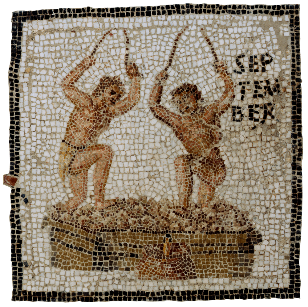 Wine-pressing scene from a calendar of months and seasons Roman mosaic showing grapes being pressed for wine.