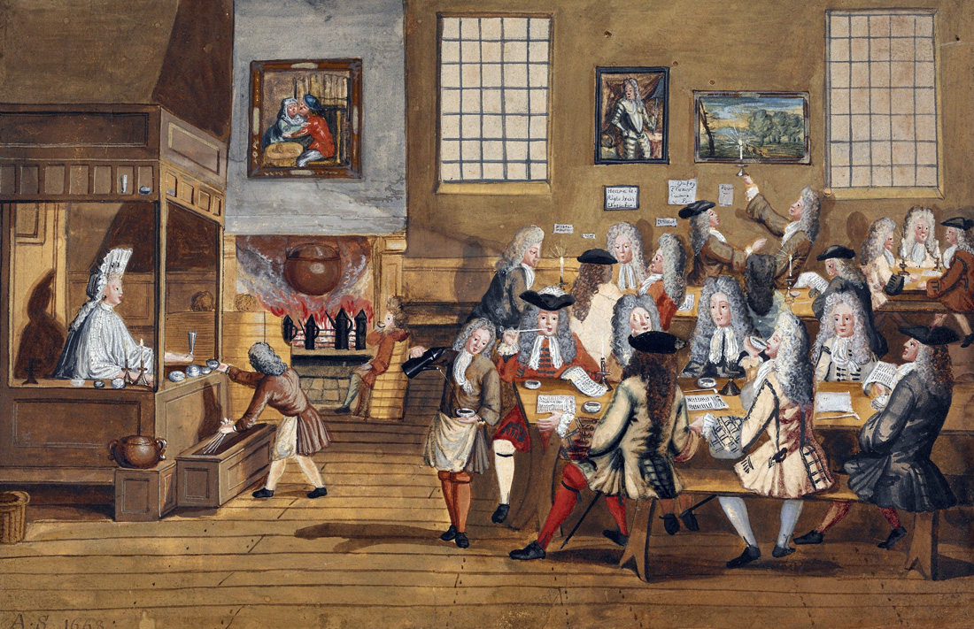 Interior of a London coffeehouse, c. 1700.