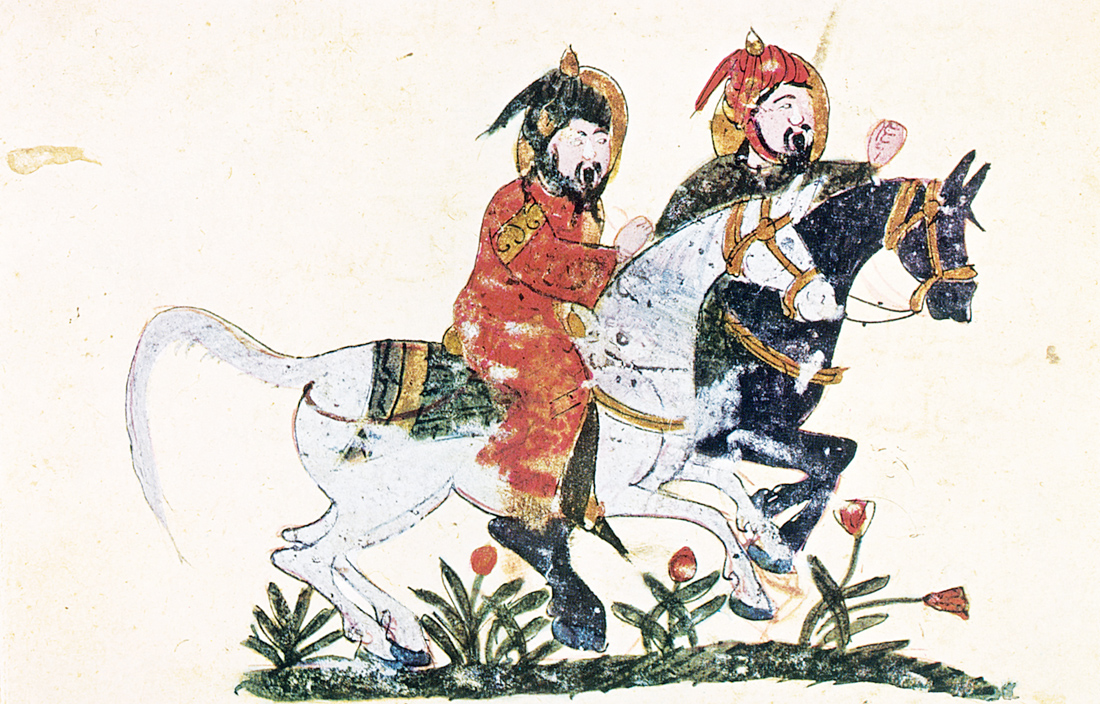Two horsemen, illumination by Ibn al-Ahnaf from the Book of Farriery, Baghdad, c. 1209. Topkapi Palace Museum, Istanbul, Turkey.
