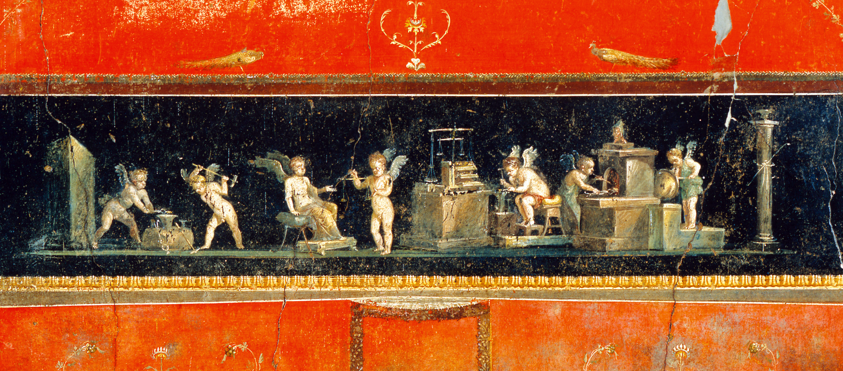 Cherubs working as metalsmiths and goldsmiths, fresco from the Casa dei Vettii, Pompeii, Italy. 
