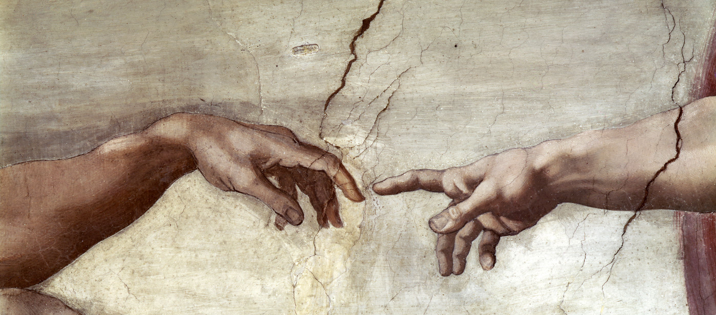 Creation of Adam (detail), Sistine Chapel Ceiling, by Michelangelo, c. 1508–1512. Vatican City, Rome, Italy. (