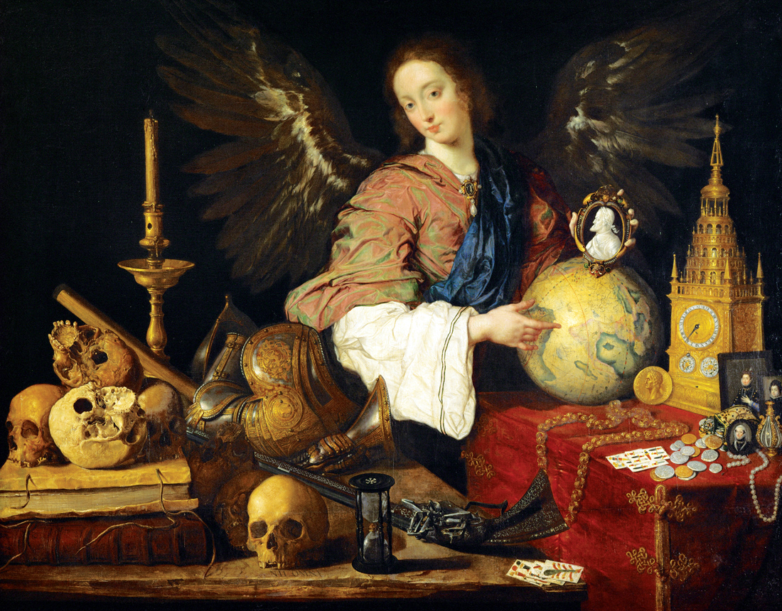 Allegory of Fleeting Time, The angel-genius holds a portrait cameo of Emperor Charles V, by Antonio Pereda, c. 1634. Kunsthistorisches Museum, Vienna, Austria.