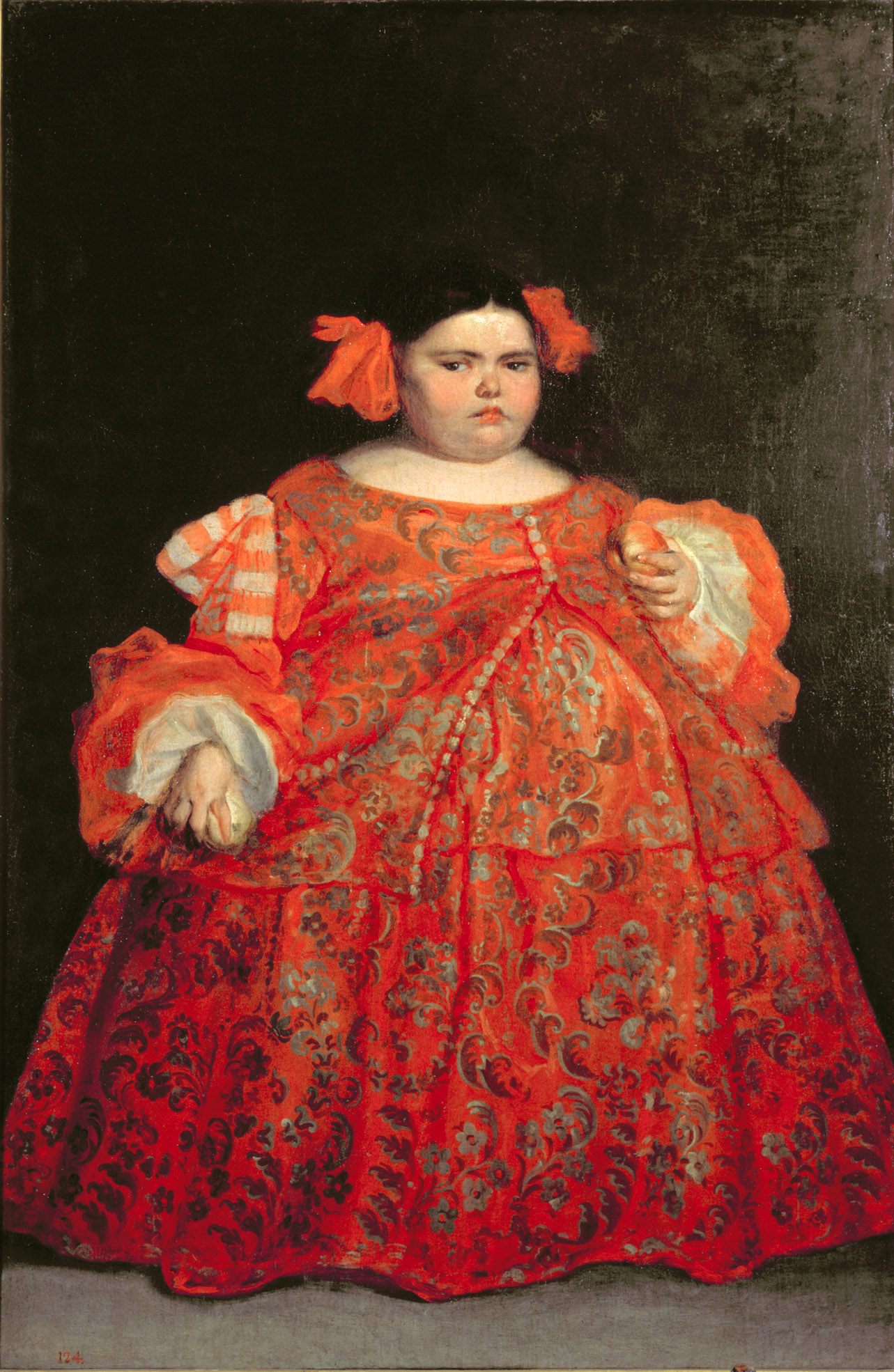 Seventeenth-century painting of an obese young girl wearing an elaborate red dress. 
