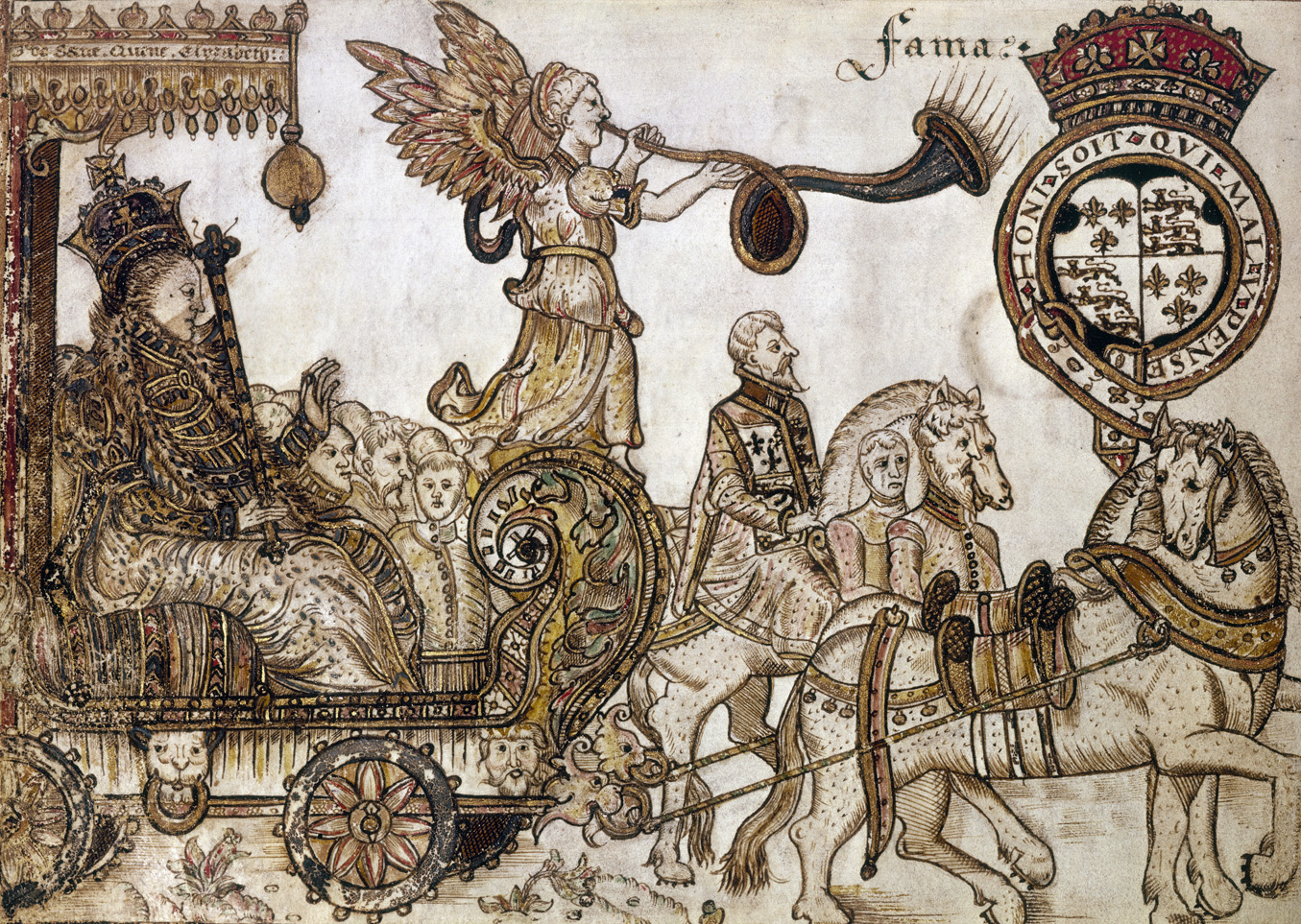 Queen Elizabeth I in procession, her carriage displaying a statue of Fama, from a manuscript dedicated to the queen, by William Teshe, c. 1584. 