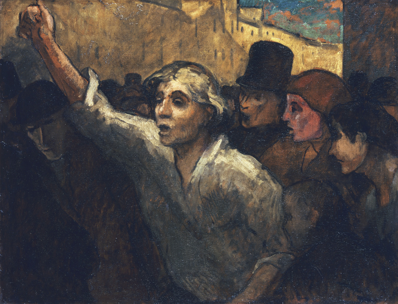 Painting of a young worker with his fist in the air.