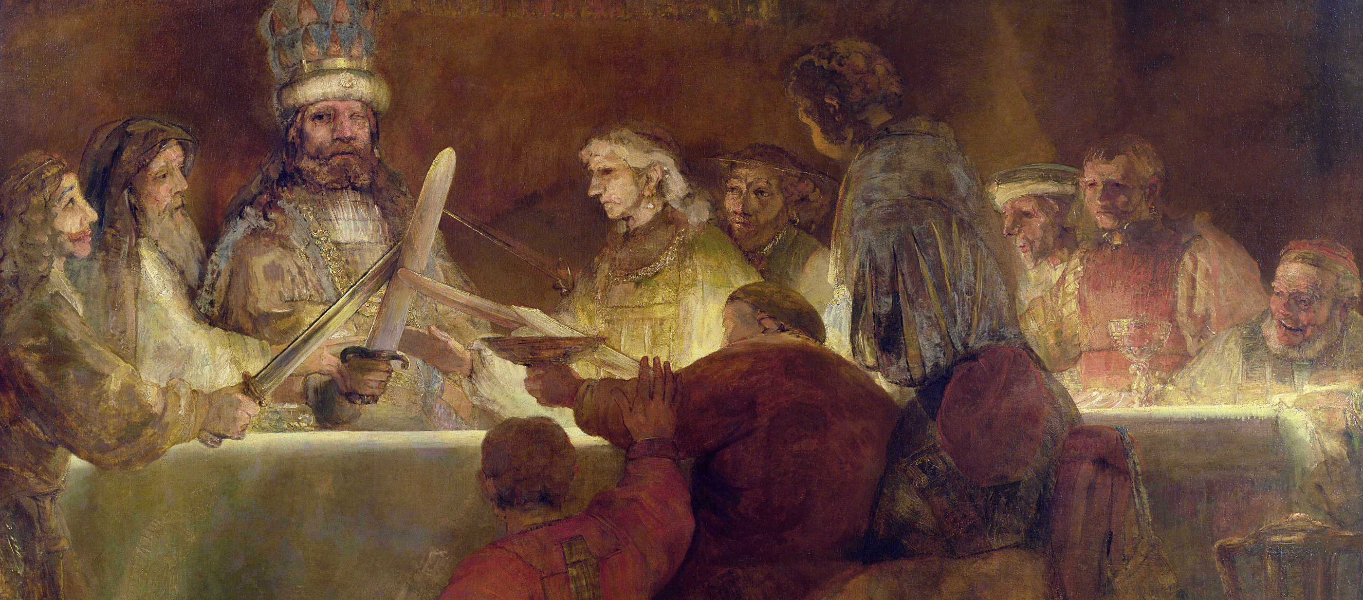 Rembrandt painting of a group conspiring around a table.