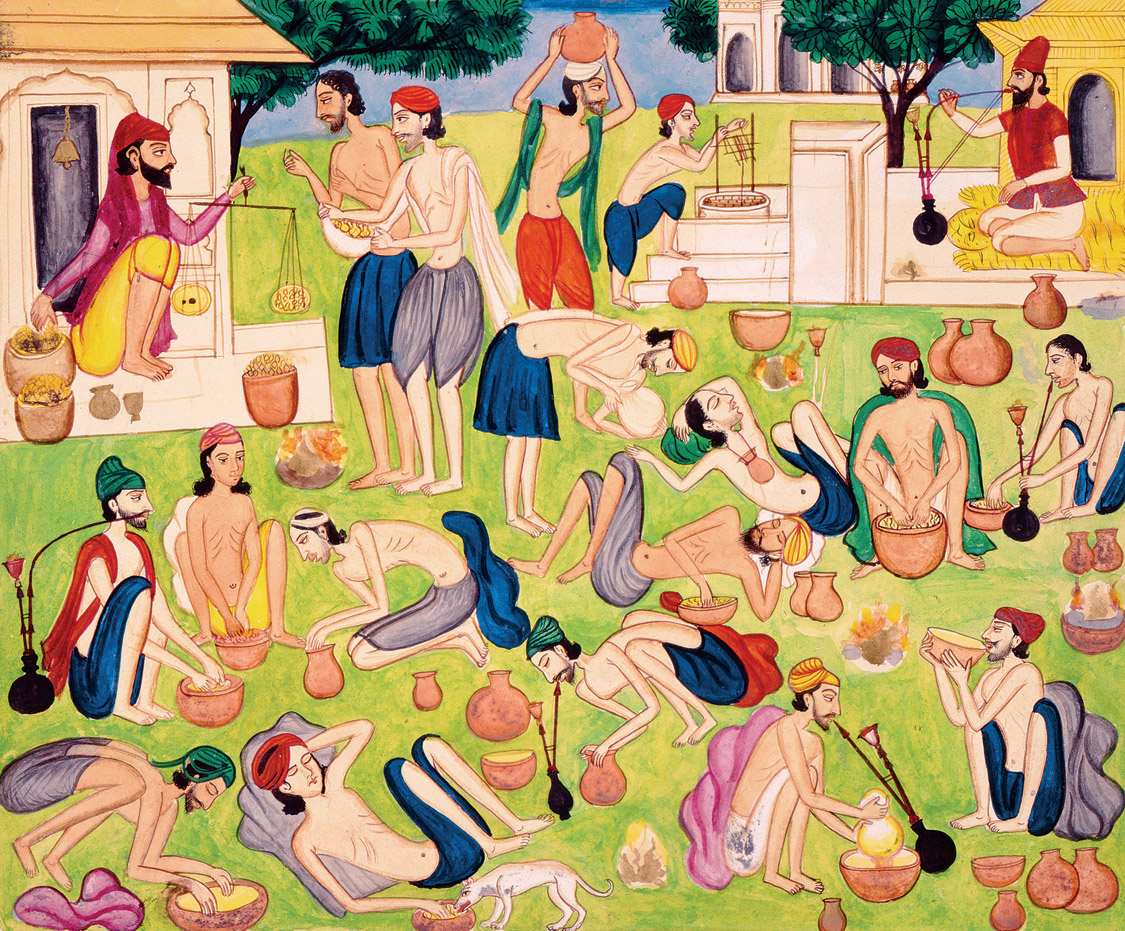 Depiction of the manufacturing and use of narcotics, Punjab, India, c. 1870.