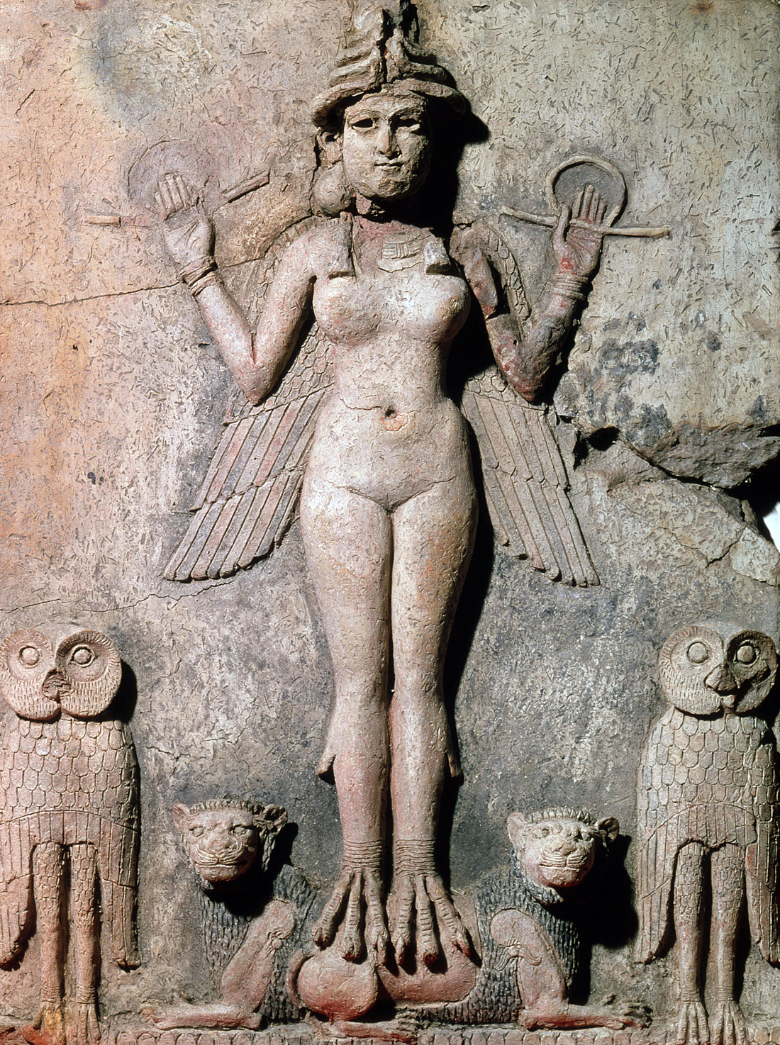 Ishtar, goddess of the heavens, love, and war, with crescent-moon crown and necklace, and lions and owls, Mesopotamia, c. 1775 BC. British Museum, London.