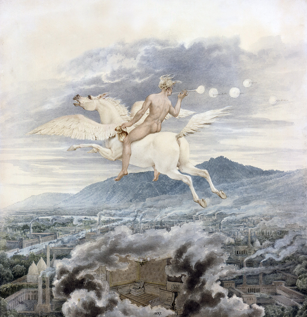 Pegasus Above the City Painting of a naked woman riding a pegasus.